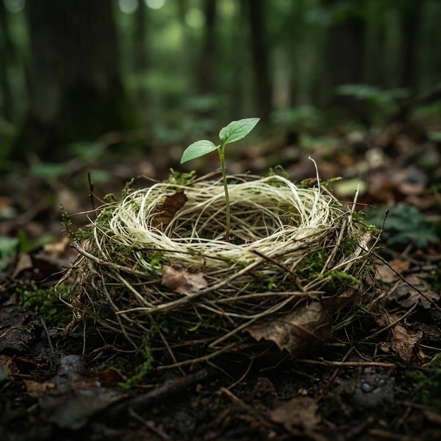A young seedling growing from a bird's nest on the forest floor