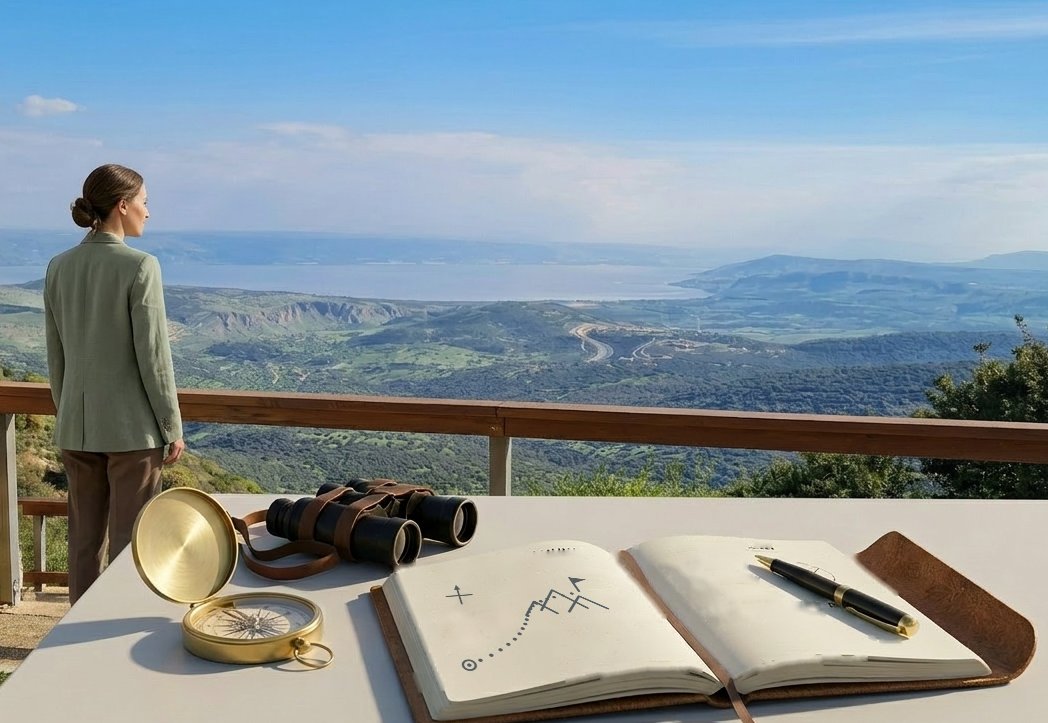 An occupational therapist in a sage jacket stands at a railing, looking out over green hills and a lake. On the table beside her lie a brass compass, binoculars, and an open journal sketched with a dotted path to a mountain flag.
